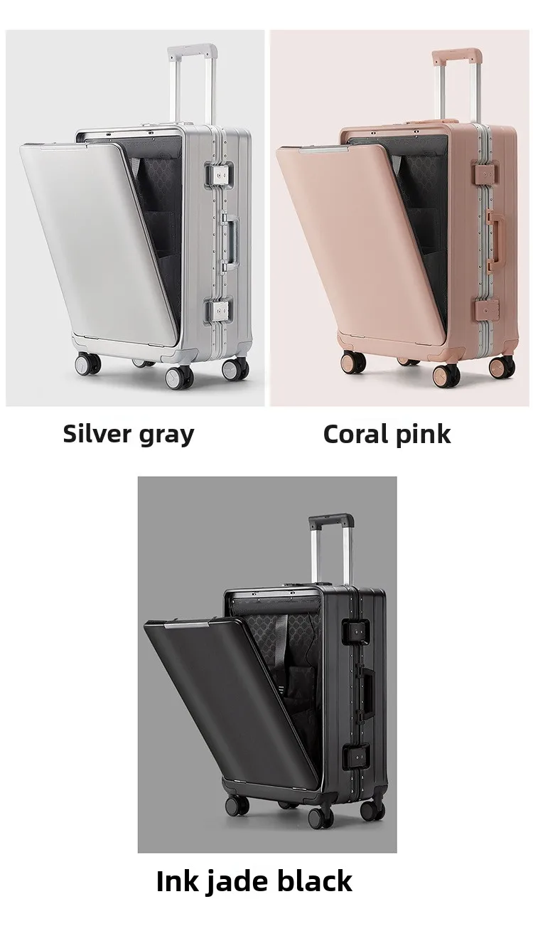 KLQDZMS Front Opening Compartment Multifunctional Aluminum Frame Luggage 20/24/26 Inch Large Capacity Password Travel Suitcase