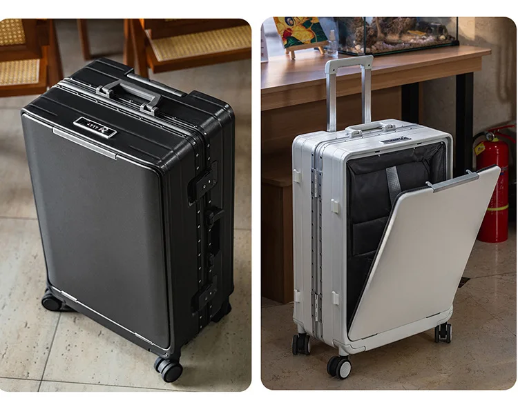 KLQDZMS Front Opening Compartment Multifunctional Aluminum Frame Luggage 20/24/26 Inch Large Capacity Password Travel Suitcase