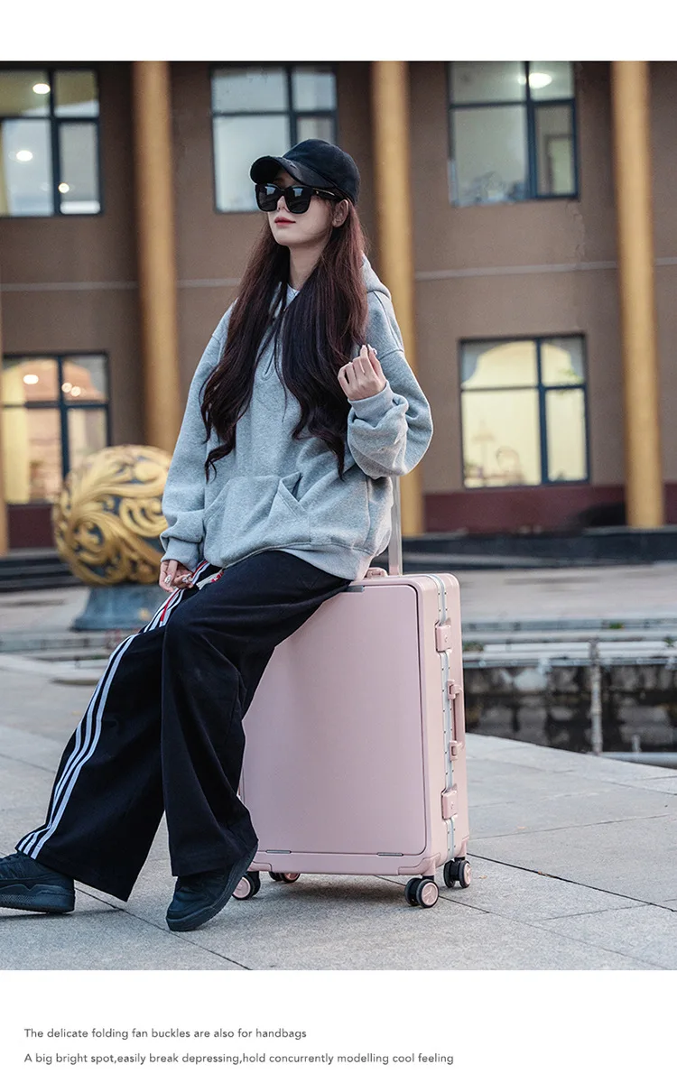 KLQDZMS Front Opening Compartment Multifunctional Aluminum Frame Luggage 20/24/26 Inch Large Capacity Password Travel Suitcase