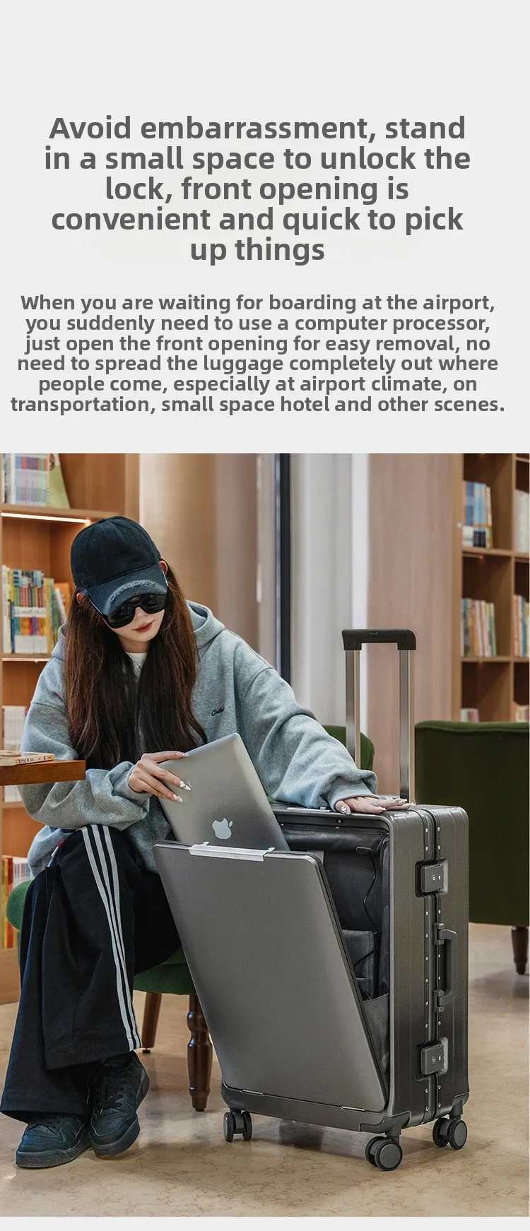 KLQDZMS Front Opening Compartment Multifunctional Aluminum Frame Luggage 20/24/26 Inch Large Capacity Password Travel Suitcase