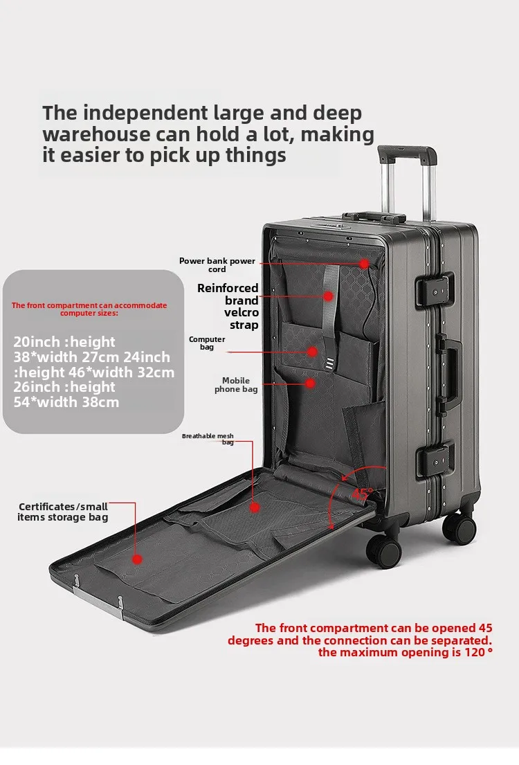 KLQDZMS Front Opening Compartment Multifunctional Aluminum Frame Luggage 20/24/26 Inch Large Capacity Password Travel Suitcase