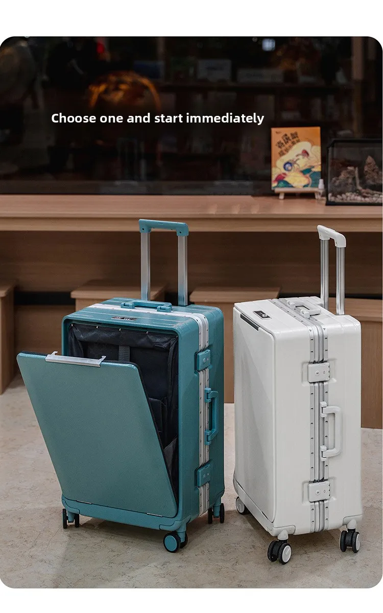 KLQDZMS Front Opening Compartment Multifunctional Aluminum Frame Luggage 20/24/26 Inch Large Capacity Password Travel Suitcase
