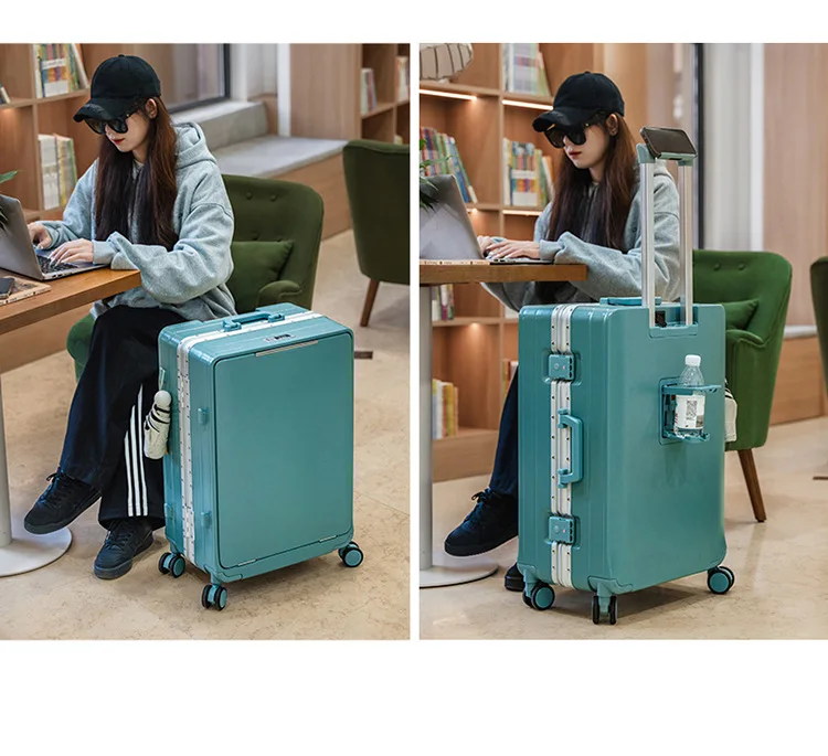 KLQDZMS Front Opening Compartment Multifunctional Aluminum Frame Luggage 20/24/26 Inch Large Capacity Password Travel Suitcase
