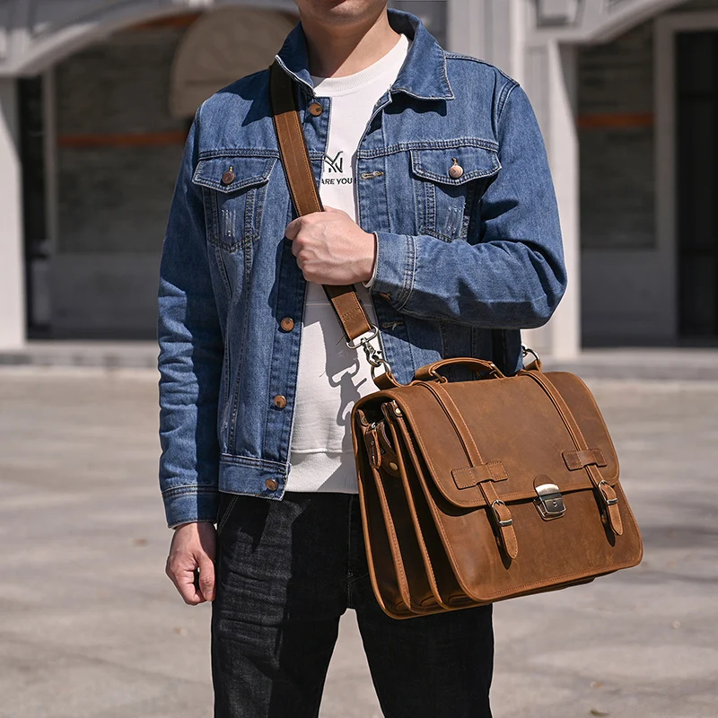 Men Genuine Leather Big Briefcase 14 inch Laptop Business Bag Cowhide Laptop Handbag Notebooks Mens Work Tote Big Shoulder Bag