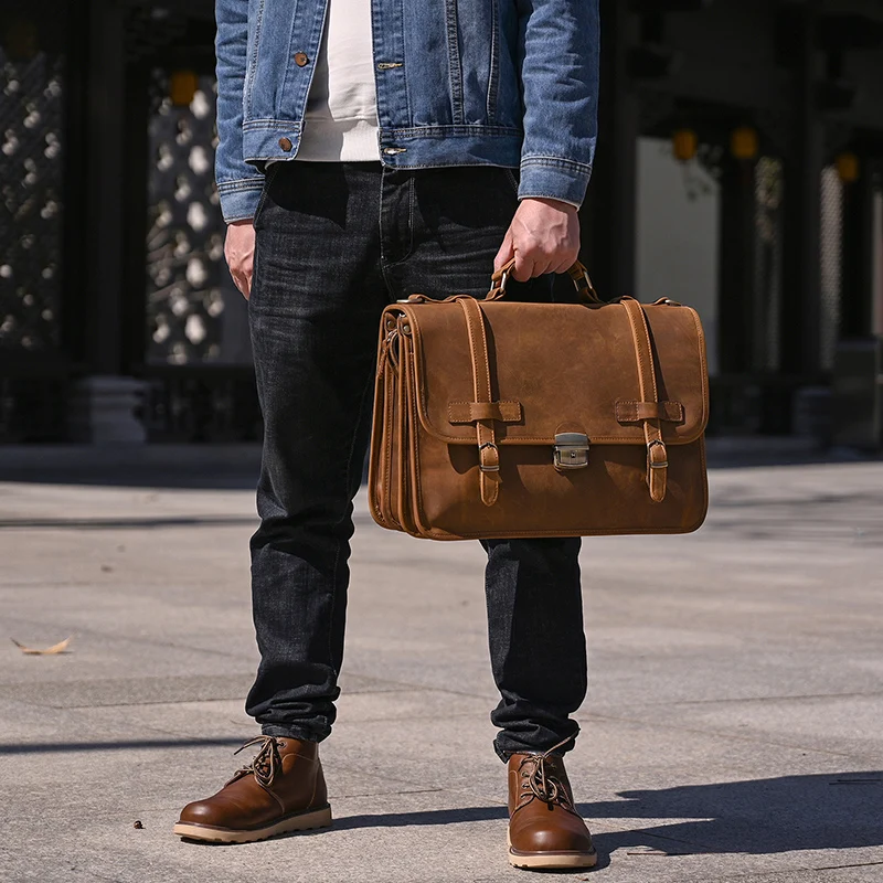 Men Genuine Leather Big Briefcase 14 inch Laptop Business Bag Cowhide Laptop Handbag Notebooks Mens Work Tote Big Shoulder Bag