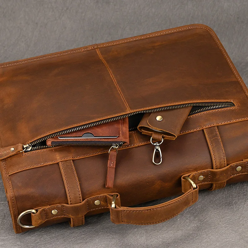 Men Genuine Leather Big Briefcase 14 inch Laptop Business Bag Cowhide Laptop Handbag Notebooks Mens Work Tote Big Shoulder Bag