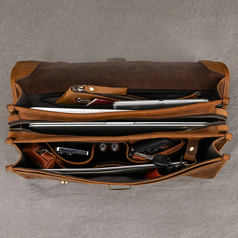 Men Genuine Leather Big Briefcase 14 inch Laptop Business Bag Cowhide Laptop Handbag Notebooks Mens Work Tote Big Shoulder Bag