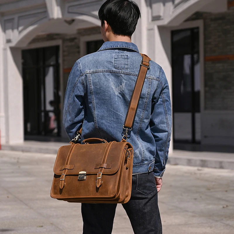 Men Genuine Leather Big Briefcase 14 inch Laptop Business Bag Cowhide Laptop Handbag Notebooks Mens Work Tote Big Shoulder Bag