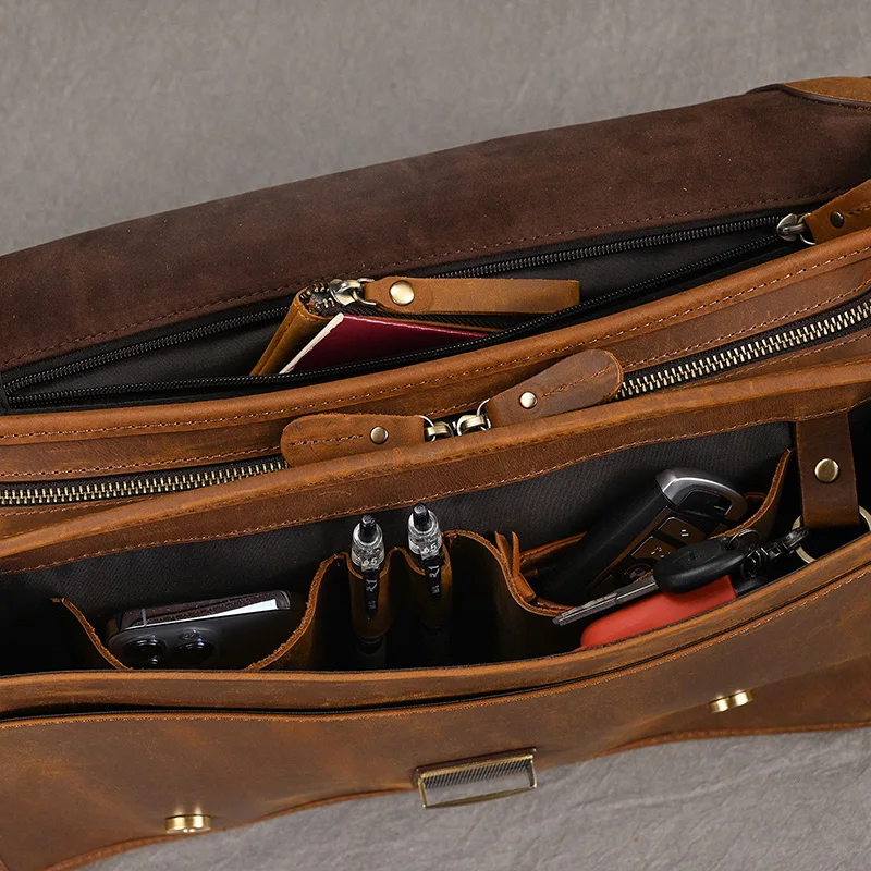 Men Genuine Leather Big Briefcase 14 inch Laptop Business Bag Cowhide Laptop Handbag Notebooks Mens Work Tote Big Shoulder Bag