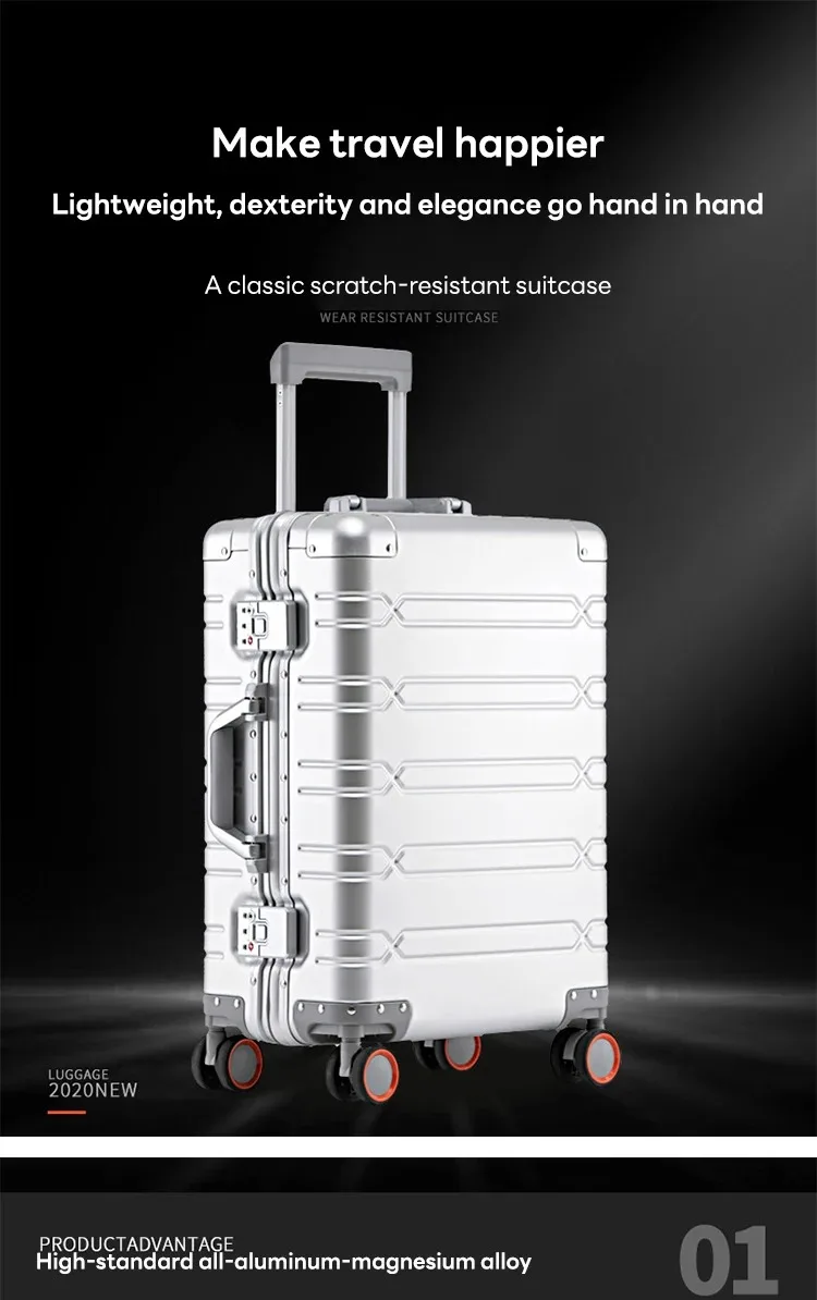 100% Aluminum-magnesium Suitcase Large Capacity Rolling Luggage with Spinner wheel Travel Trolley case 20inch Carry-On Suitcase