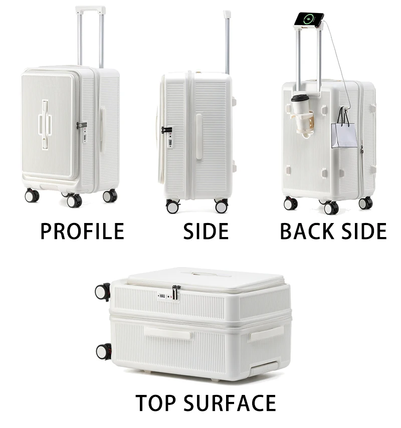 Smart Side-Open Suitcase Expandable Retractable Cup Holder Hook Durable ABS+PC Luggage 20/24/26/28' TSA Lock Travel Trolley