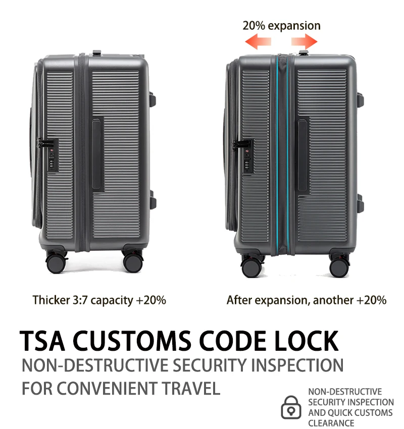 Smart Side-Open Suitcase Expandable Retractable Cup Holder Hook Durable ABS+PC Luggage 20/24/26/28' TSA Lock Travel Trolley