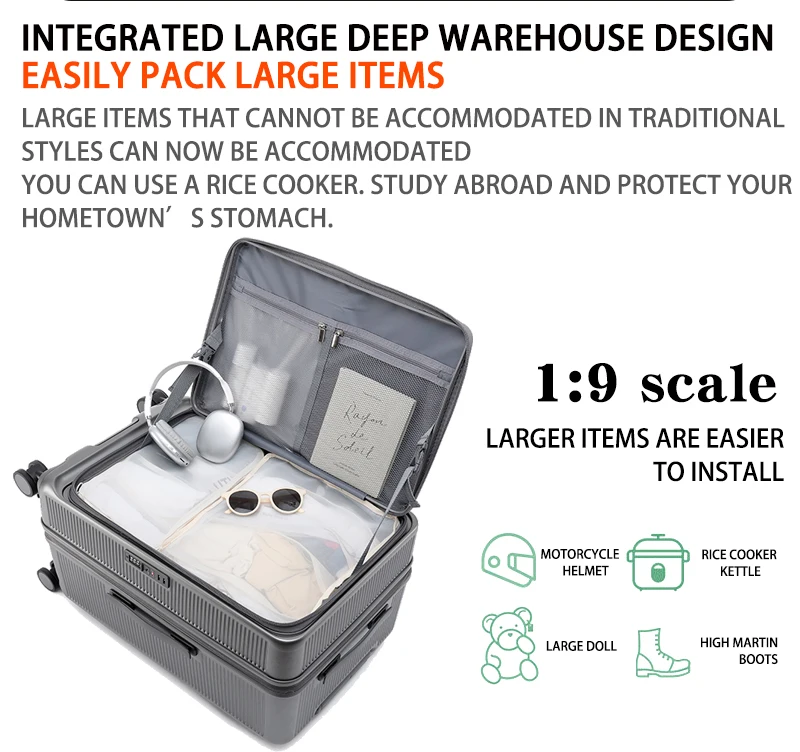 Smart Side-Open Suitcase Expandable Retractable Cup Holder Hook Durable ABS+PC Luggage 20/24/26/28' TSA Lock Travel Trolley