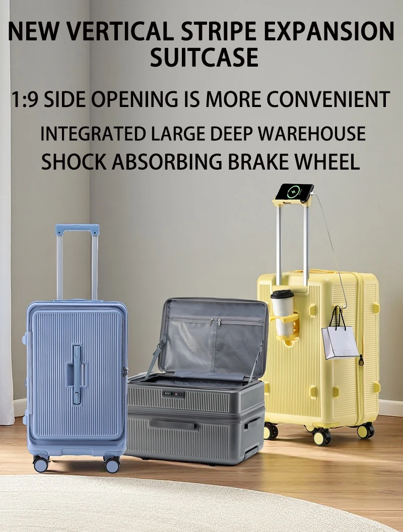 Smart Side-Open Suitcase Expandable Retractable Cup Holder Hook Durable ABS+PC Luggage 20/24/26/28' TSA Lock Travel Trolley