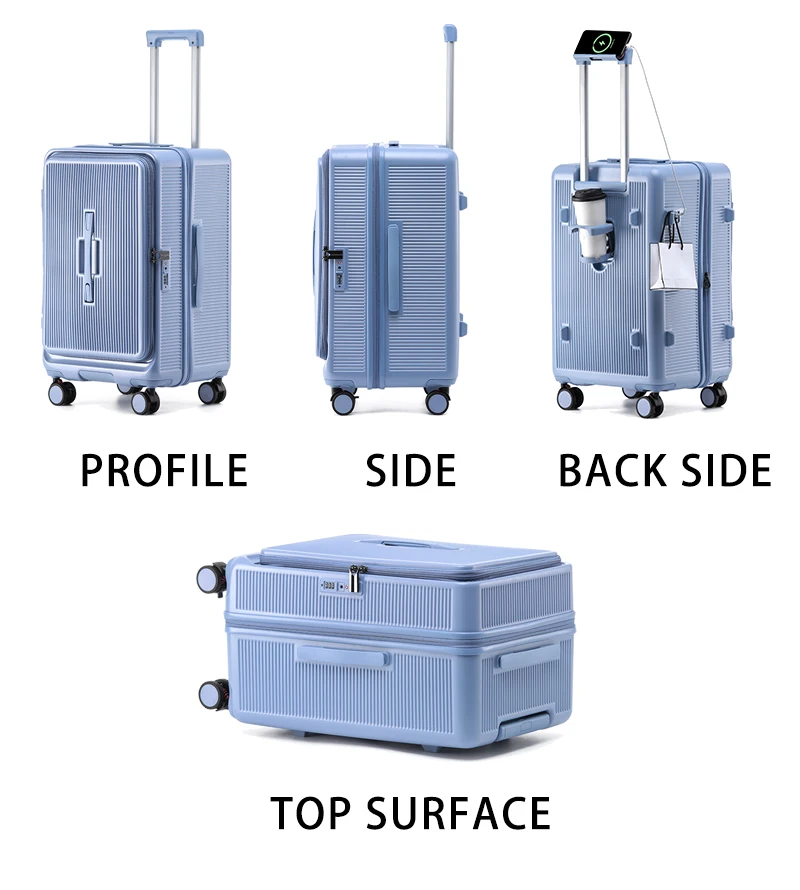Smart Side-Open Suitcase Expandable Retractable Cup Holder Hook Durable ABS+PC Luggage 20/24/26/28' TSA Lock Travel Trolley