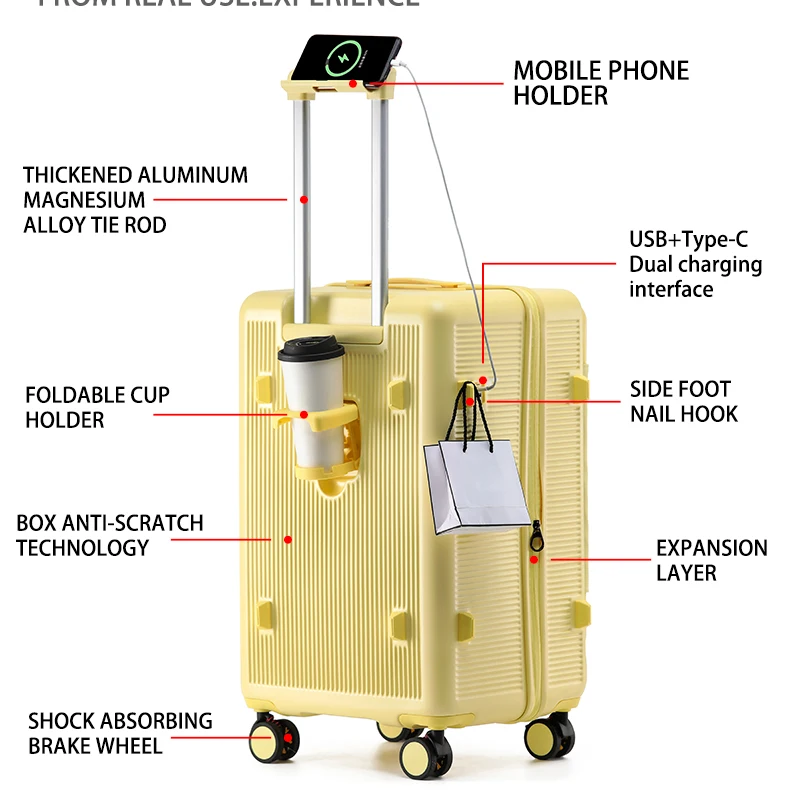 Smart Side-Open Suitcase Expandable Retractable Cup Holder Hook Durable ABS+PC Luggage 20/24/26/28' TSA Lock Travel Trolley