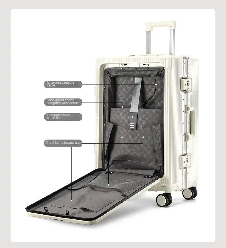 Travel High Quality Portable Suitcase Front Opening Laptop Trolley Case Luggage on Wheels Aluminum Frame Boarding Case