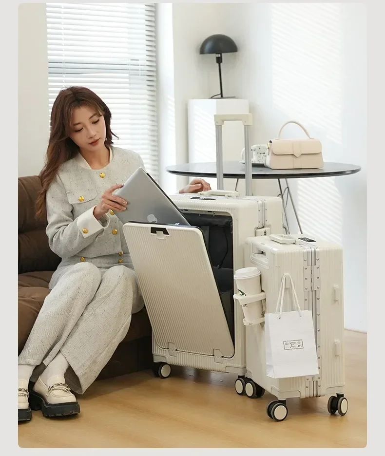 Travel High Quality Portable Suitcase Front Opening Laptop Trolley Case Luggage on Wheels Aluminum Frame Boarding Case
