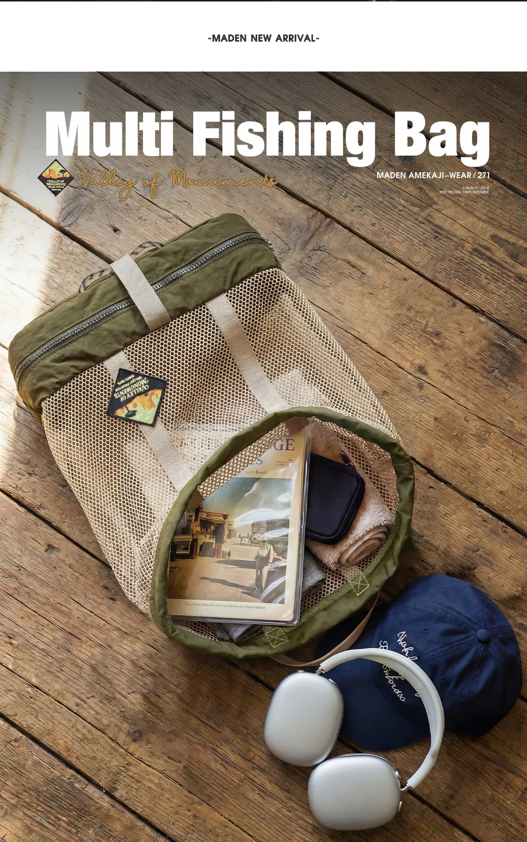 Maden Men's American Workwear Multi Fishing Bag Foldable 2-in-1 Crossbody Tote Large Capacity Outdoor Casual Messenger Bag
