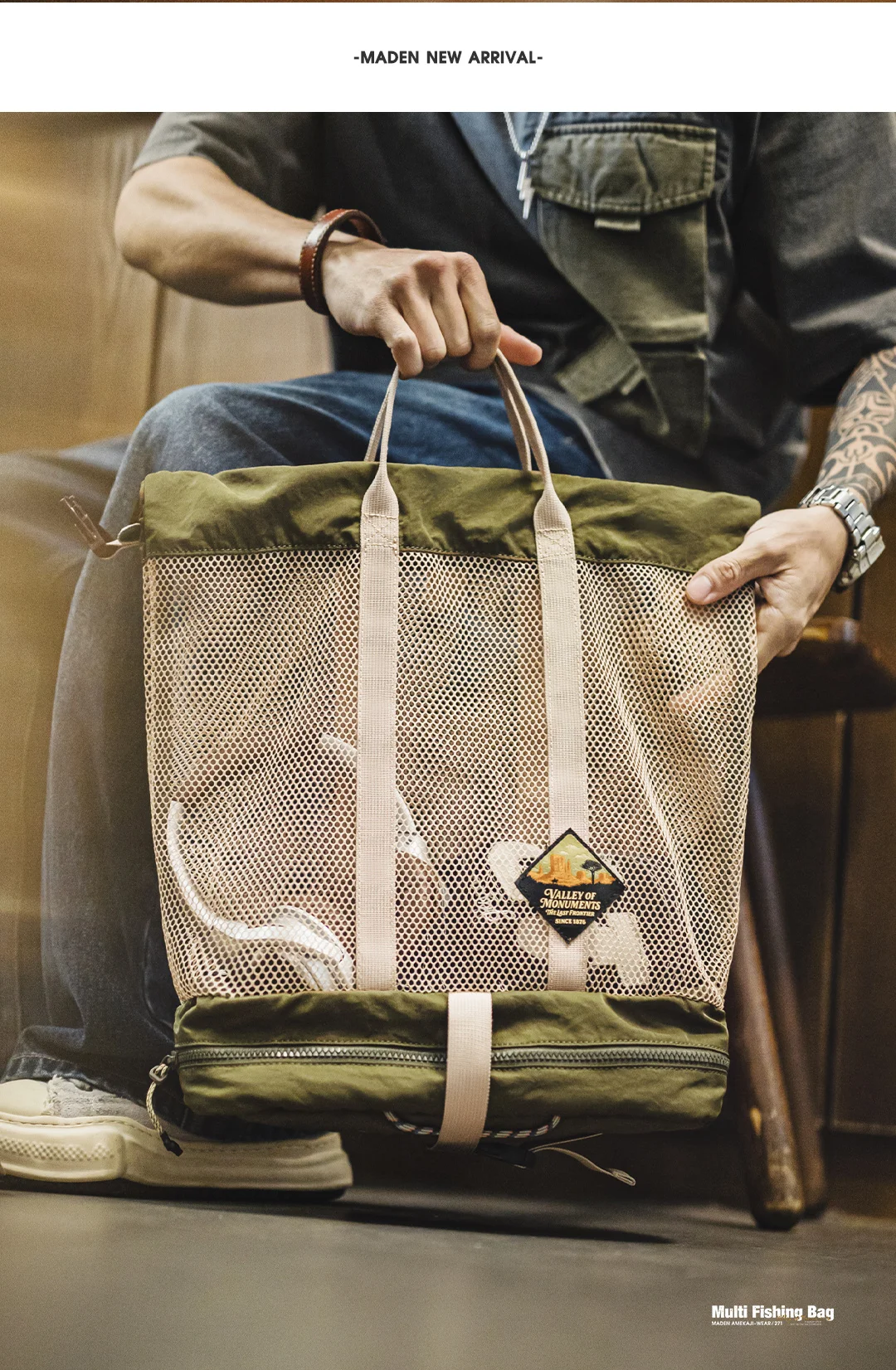 Maden Men's American Workwear Multi Fishing Bag Foldable 2-in-1 Crossbody Tote Large Capacity Outdoor Casual Messenger Bag