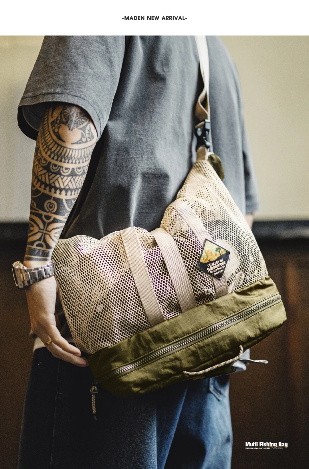 Maden Men's American Workwear Multi Fishing Bag Foldable 2-in-1 Crossbody Tote Large Capacity Outdoor Casual Messenger Bag
