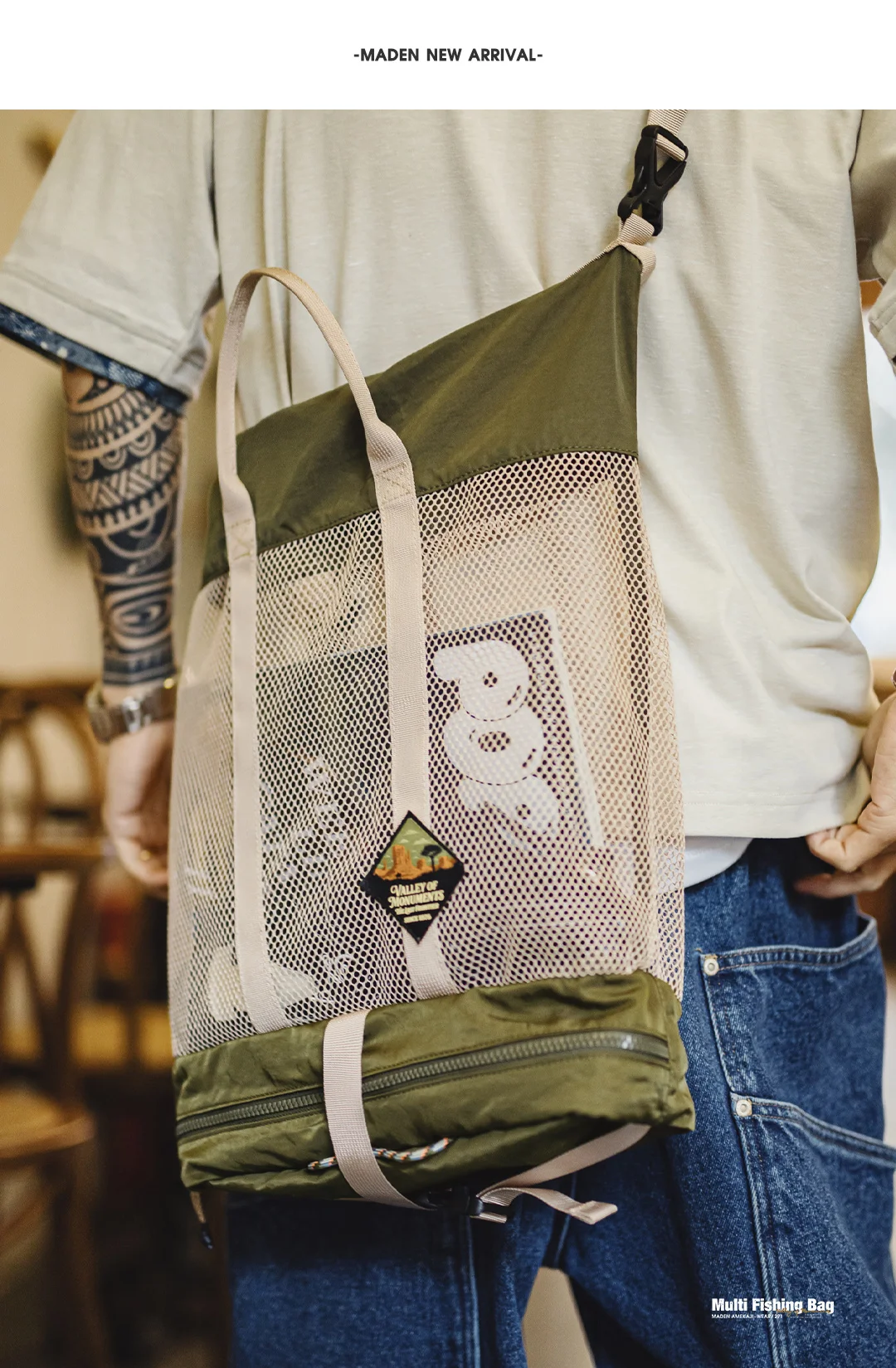 Maden Men's American Workwear Multi Fishing Bag Foldable 2-in-1 Crossbody Tote Large Capacity Outdoor Casual Messenger Bag