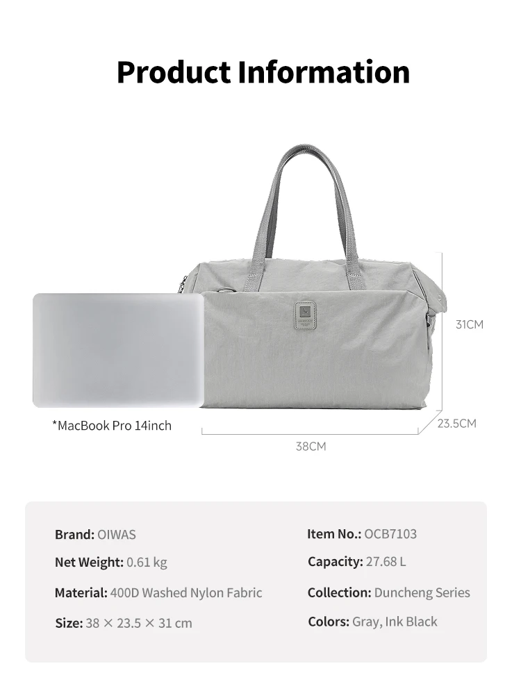 OIWAS Large Capacity Travel Bag Gym Bag with Dry Wet Separation Layer for Fitness And Sports Gear Organizing