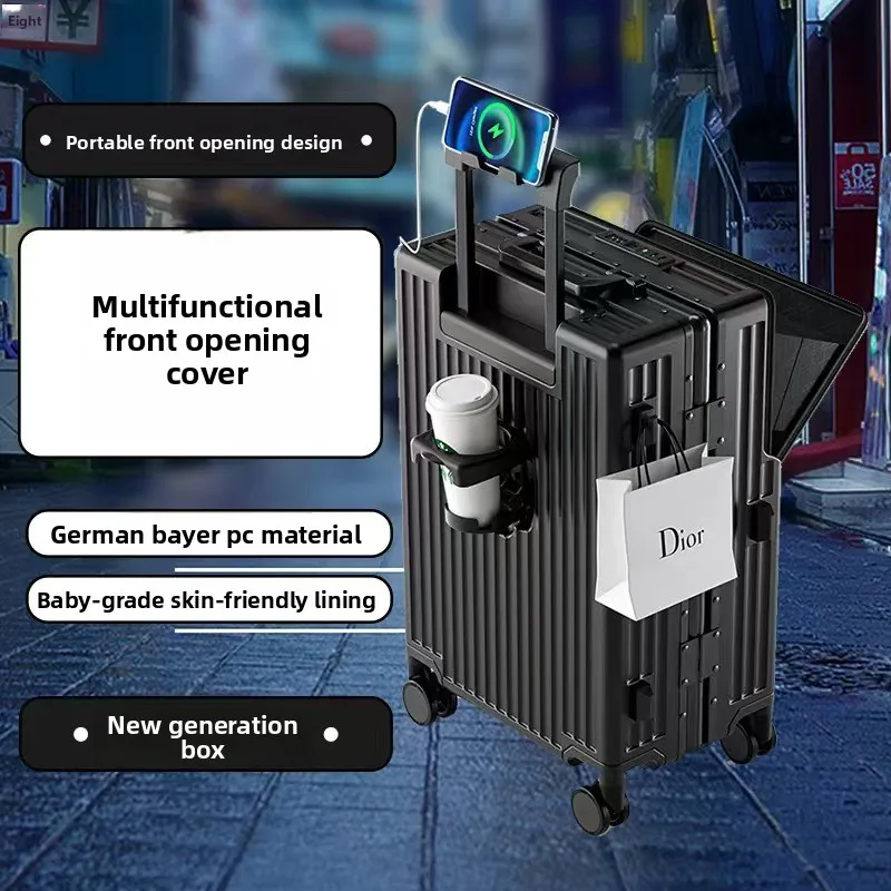 KLQDZMS Multifunctional Suitcase Front Opening Boarding Case Laptop Trolley Case 20"24"26 Inch Charging Cabin Luggage