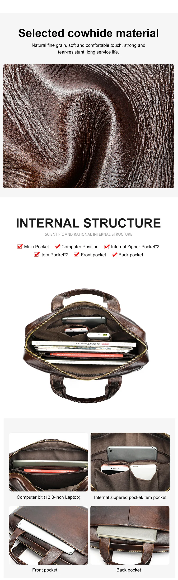 Men's genuine leather handbag, top-layer cowhide briefcase, genuine leather laptop bag, business bag