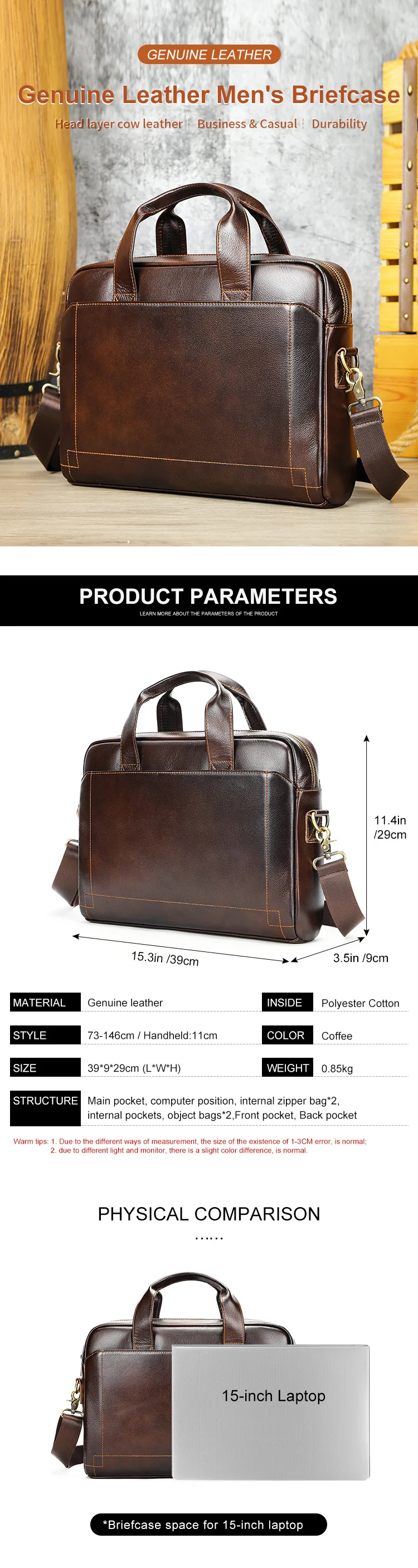 Men's genuine leather handbag, top-layer cowhide briefcase, genuine leather laptop bag, business bag