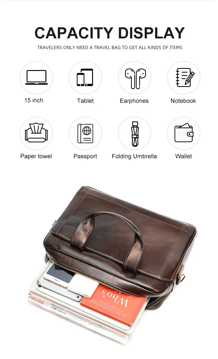 Men's genuine leather handbag, top-layer cowhide briefcase, genuine leather laptop bag, business bag