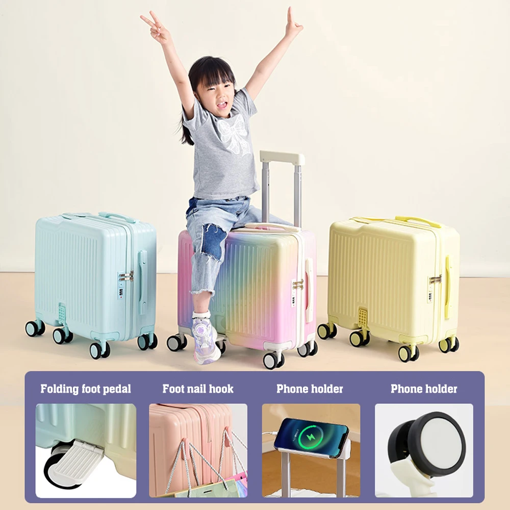 18' Hand Carry Luggage Portable Boarding Bagage 6 Wheels ZIPPER Lock Luggage Can Sit Down Kids Luggage