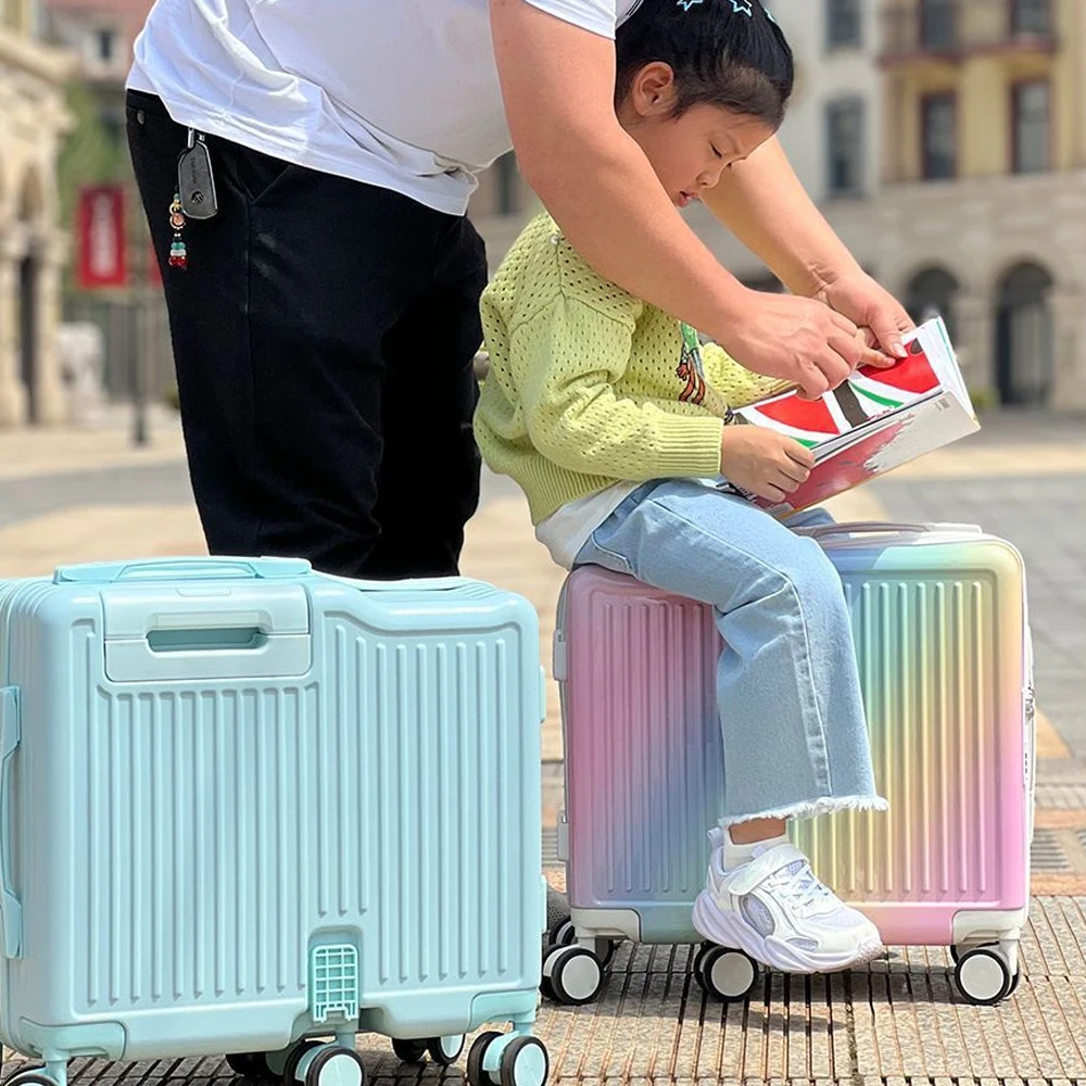 18' Hand Carry Luggage Portable Boarding Bagage 6 Wheels ZIPPER Lock Luggage Can Sit Down Kids Luggage