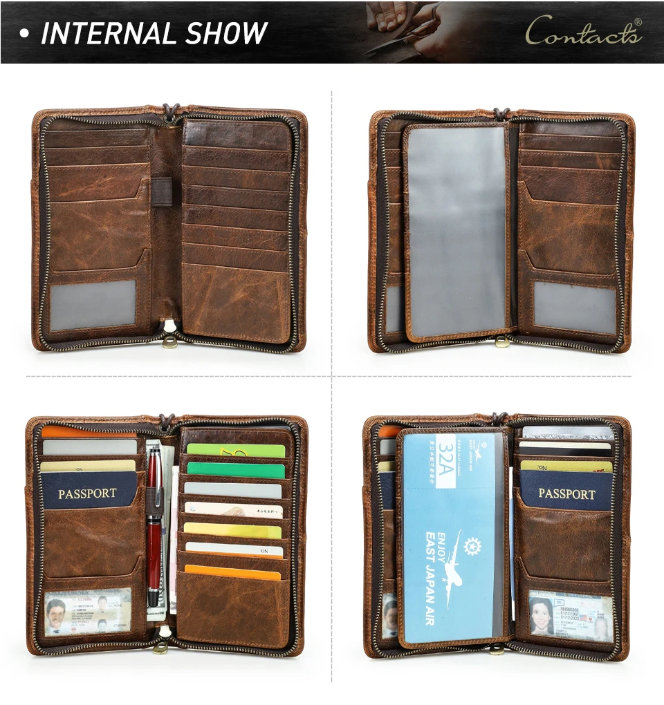 CONTACT'S Genuine Leather Men Passport Cover with Pen Slot Family Passport Travel Wallets ID Card Bag Organizer Document Pouch