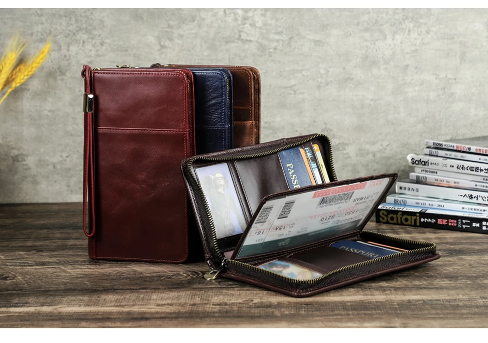 CONTACT'S Genuine Leather Men Passport Cover with Pen Slot Family Passport Travel Wallets ID Card Bag Organizer Document Pouch