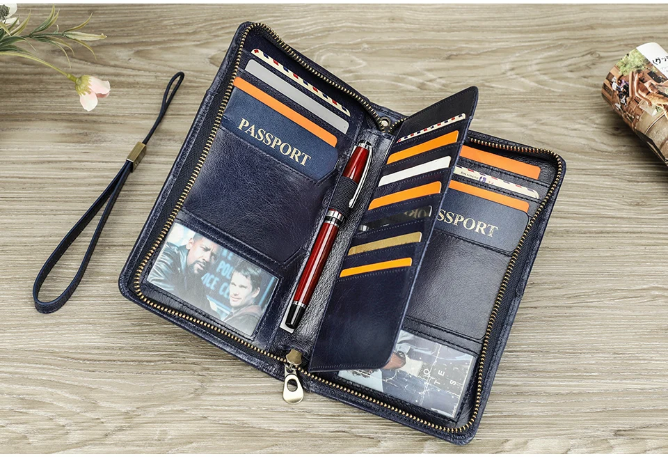 CONTACT'S Genuine Leather Men Passport Cover with Pen Slot Family Passport Travel Wallets ID Card Bag Organizer Document Pouch