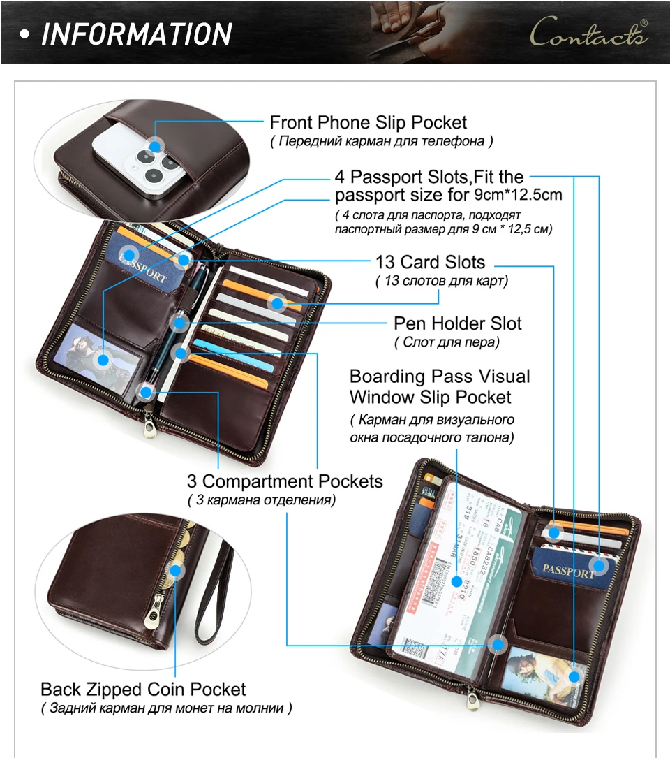 CONTACT'S Genuine Leather Men Passport Cover with Pen Slot Family Passport Travel Wallets ID Card Bag Organizer Document Pouch