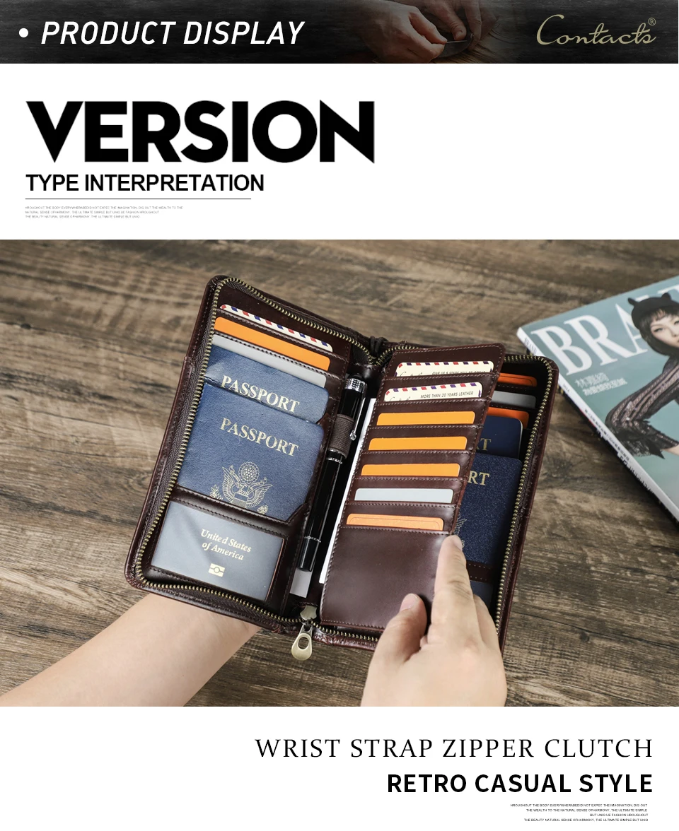 CONTACT'S Genuine Leather Men Passport Cover with Pen Slot Family Passport Travel Wallets ID Card Bag Organizer Document Pouch