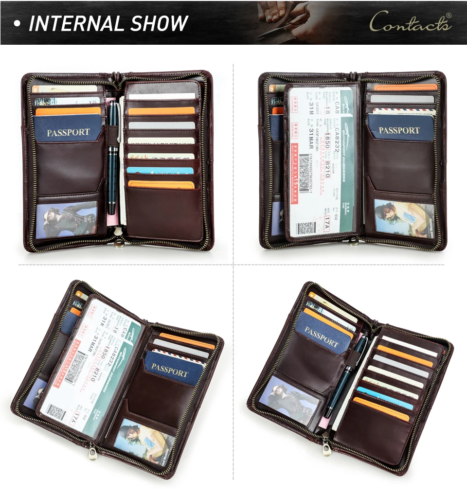 CONTACT'S Genuine Leather Men Passport Cover with Pen Slot Family Passport Travel Wallets ID Card Bag Organizer Document Pouch