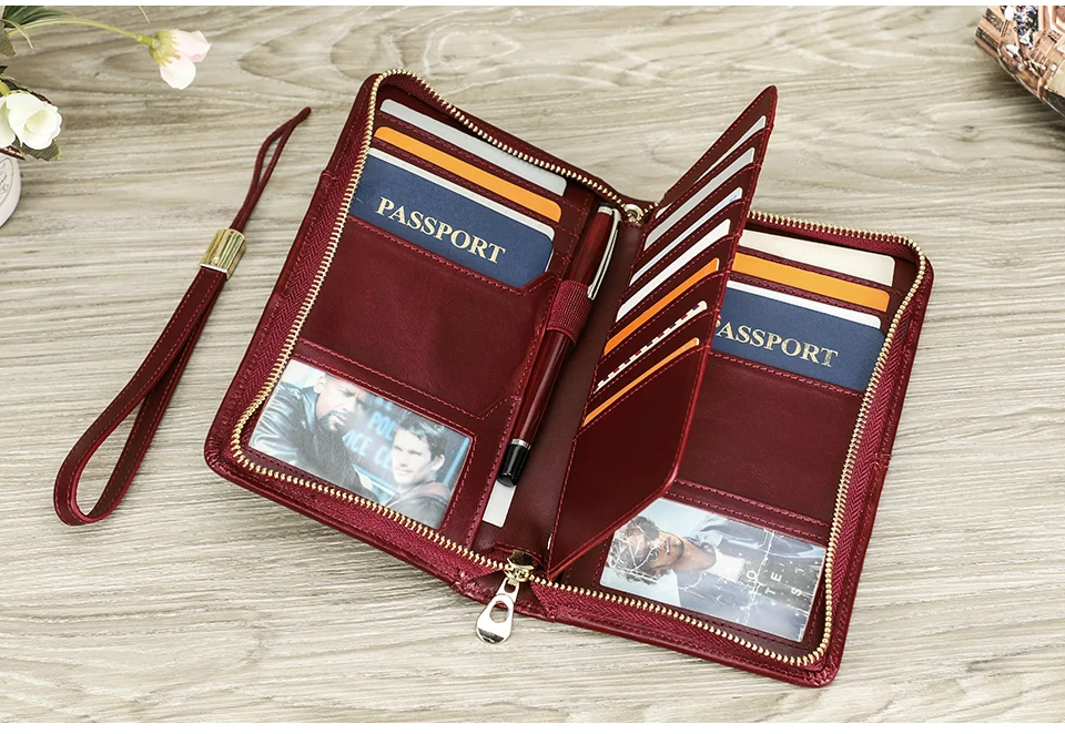 CONTACT'S Genuine Leather Men Passport Cover with Pen Slot Family Passport Travel Wallets ID Card Bag Organizer Document Pouch