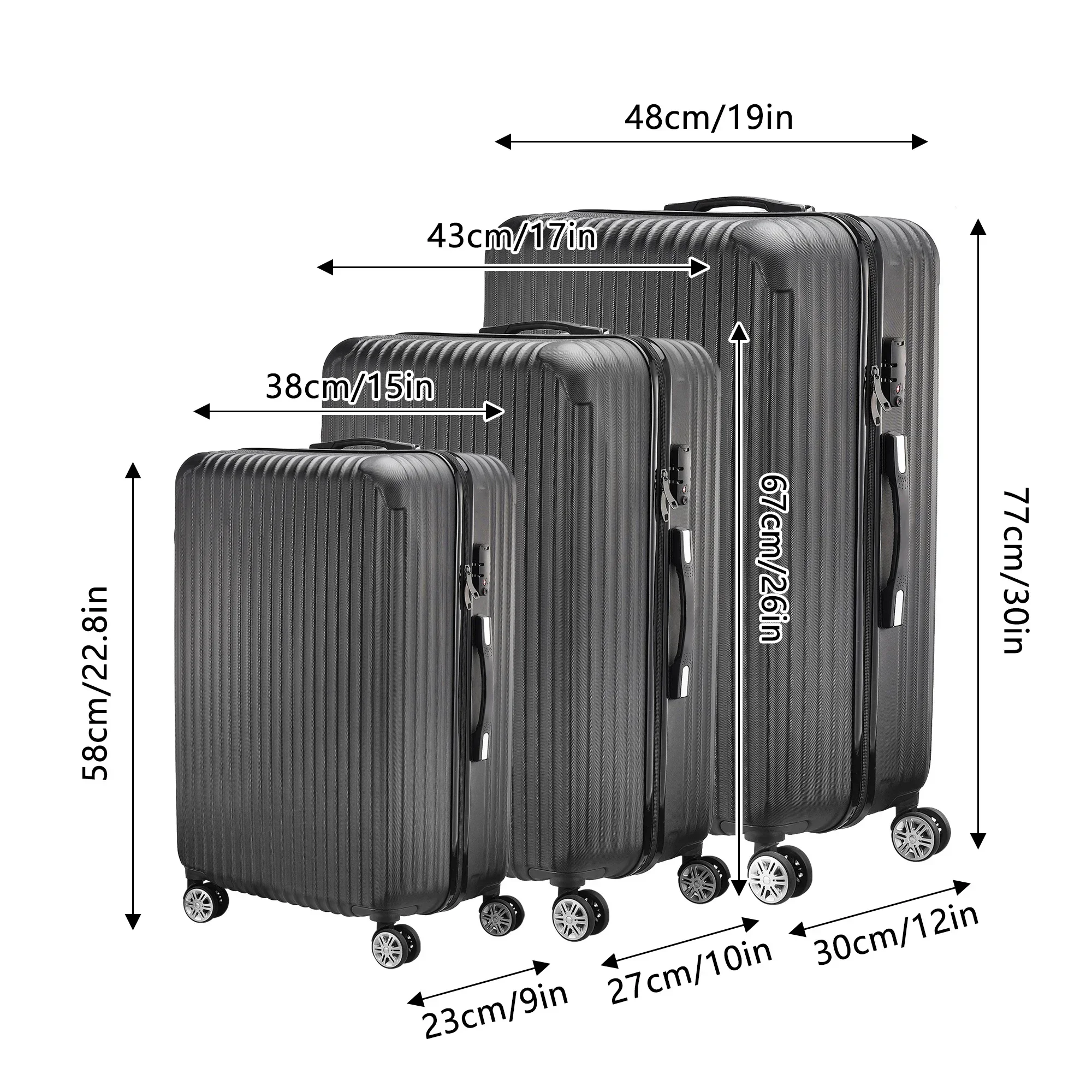 Rosahqnda 3 Piece Hard Shell Luggage Set, 20/24/28 Inch ABS Spinner Suitcases, 3-Level Adjustable Telescopic Handle, Silent 360° Double Row Wheels, TSA Lock Travel Carry On Checked Luggage For Business Family Trip, Black Grey ABS Hard Shell