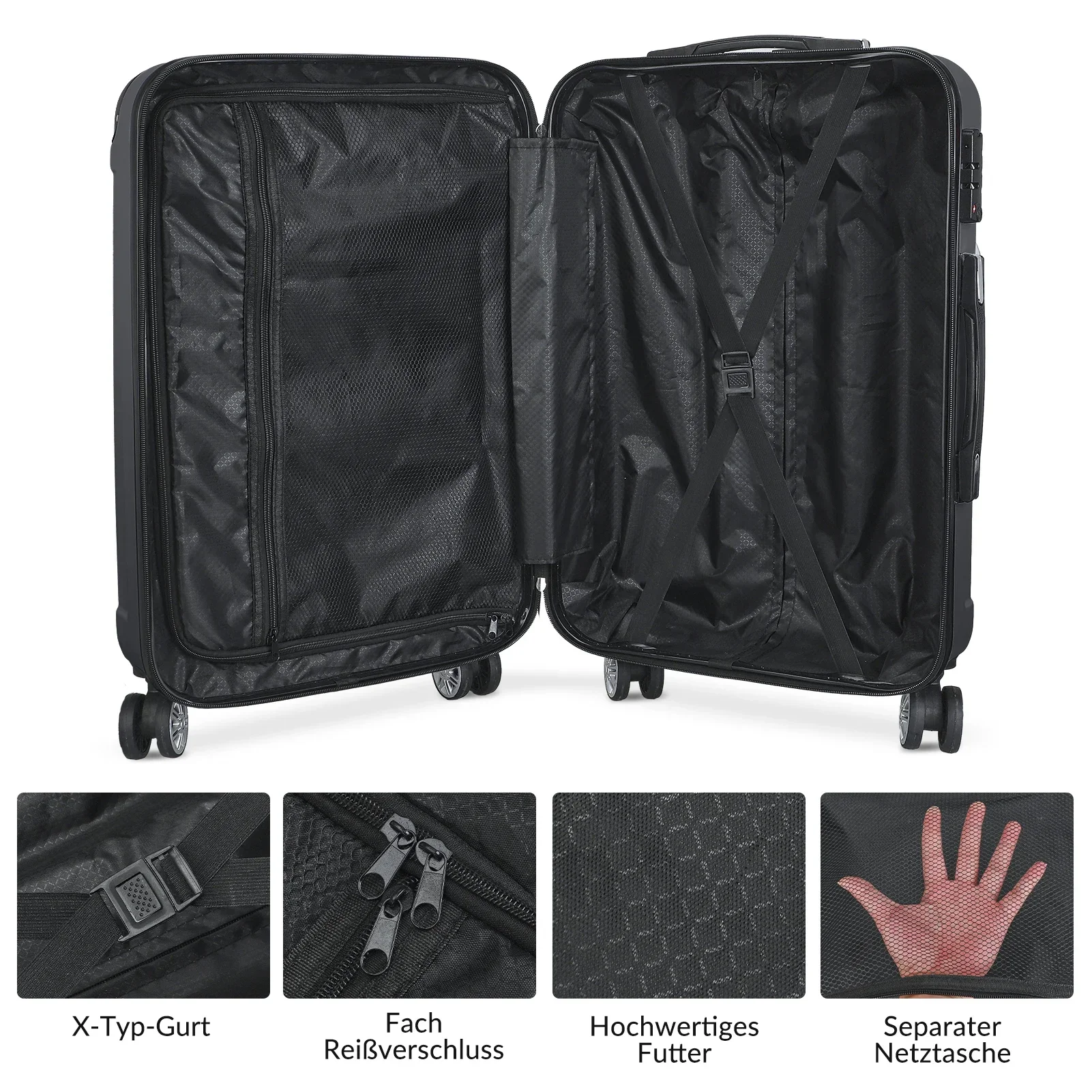 Rosahqnda 3 Piece Hard Shell Luggage Set, 20/24/28 Inch ABS Spinner Suitcases, 3-Level Adjustable Telescopic Handle, Silent 360° Double Row Wheels, TSA Lock Travel Carry On Checked Luggage For Business Family Trip, Black Grey ABS Hard Shell