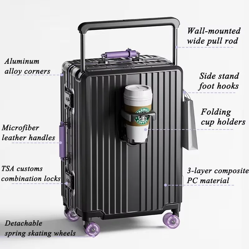 BunnyFly Wide Handlebar Travel Trolley Suitcase with Colorful Silent Wheels TSA Lock Rolling Luggage Large Capacity PC Material