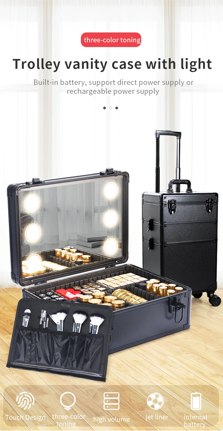 Makeup Organizer with led lights mrirror - Large Cosmetic Trolley, Salon & Barber Case Rolling Cart for Hairstylists