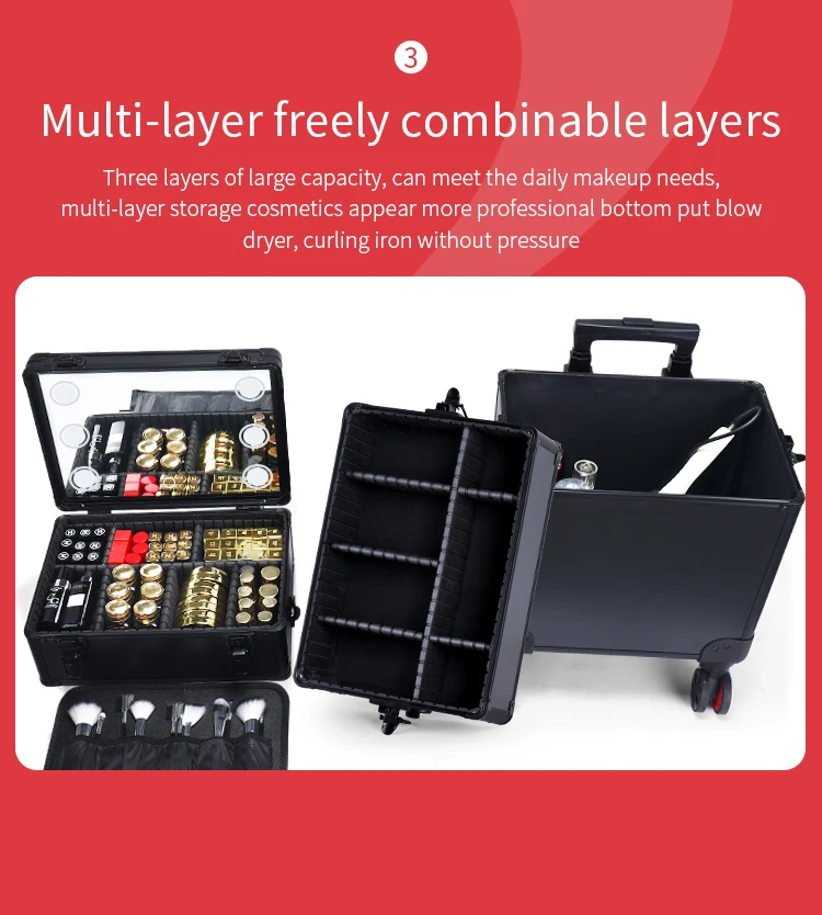 Makeup Organizer with led lights mrirror - Large Cosmetic Trolley, Salon & Barber Case Rolling Cart for Hairstylists