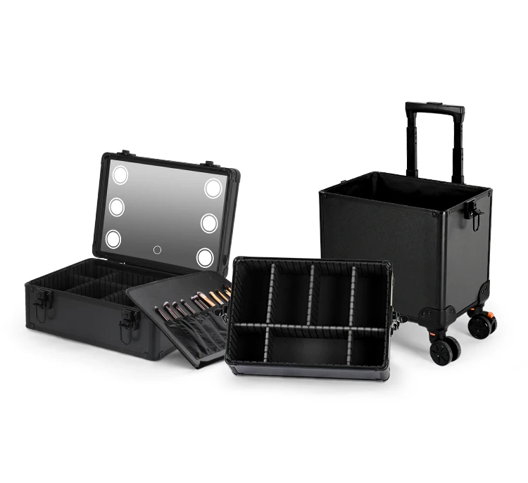 Makeup Organizer with led lights mrirror - Large Cosmetic Trolley, Salon & Barber Case Rolling Cart for Hairstylists