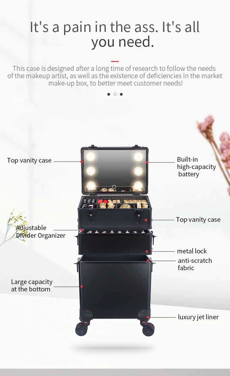 Makeup Organizer with led lights mrirror - Large Cosmetic Trolley, Salon & Barber Case Rolling Cart for Hairstylists