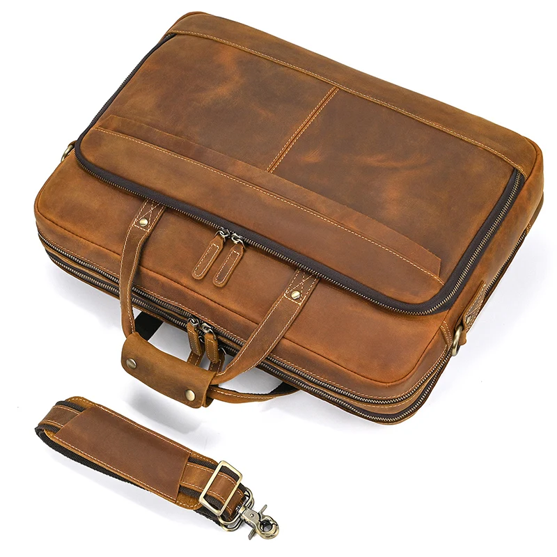Crazy Horse Genuine Leather Men Briefcase Vintage 16 inch Big Business Laptop Handbag Large Cowhide Messenger Shoulder Bag Man