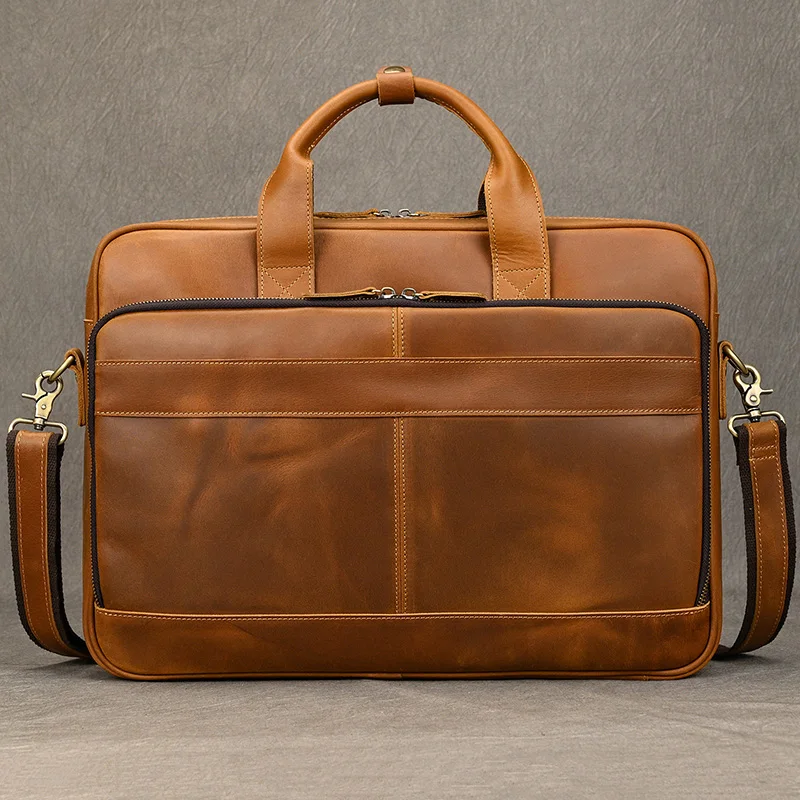 Crazy Horse Genuine Leather Men Briefcase Vintage 16 inch Big Business Laptop Handbag Large Cowhide Messenger Shoulder Bag Man