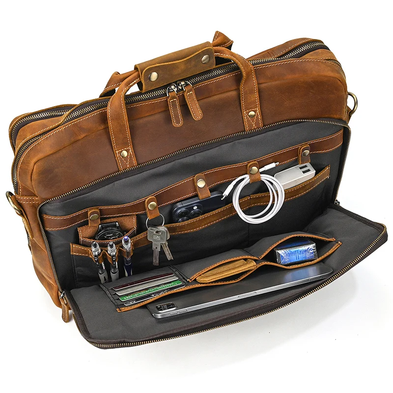 Crazy Horse Genuine Leather Men Briefcase Vintage 16 inch Big Business Laptop Handbag Large Cowhide Messenger Shoulder Bag Man